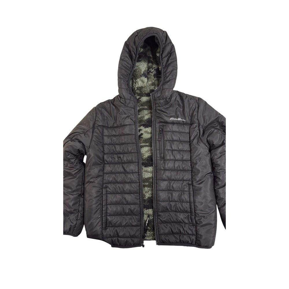 Eddie Bauer Boys Reversible Hooded Puffer Jacket Black Green Camo M 10/12